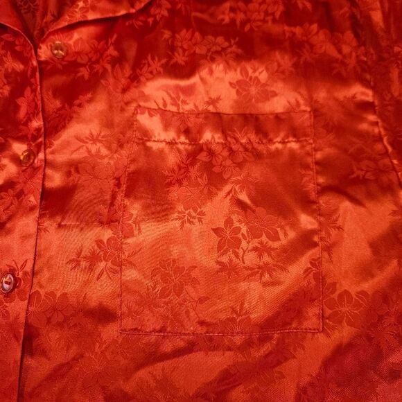 Vintage Gina USA Red Floral Jacquard Satin Short Sleeve Button Down Sleep Shirt - Picture 2 of 7